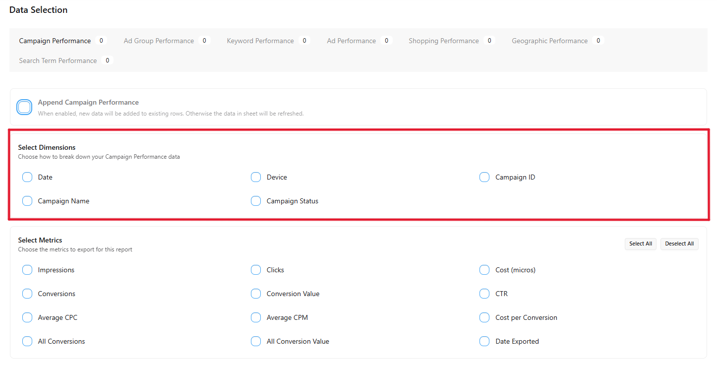 Google Ads Dimension Tabs