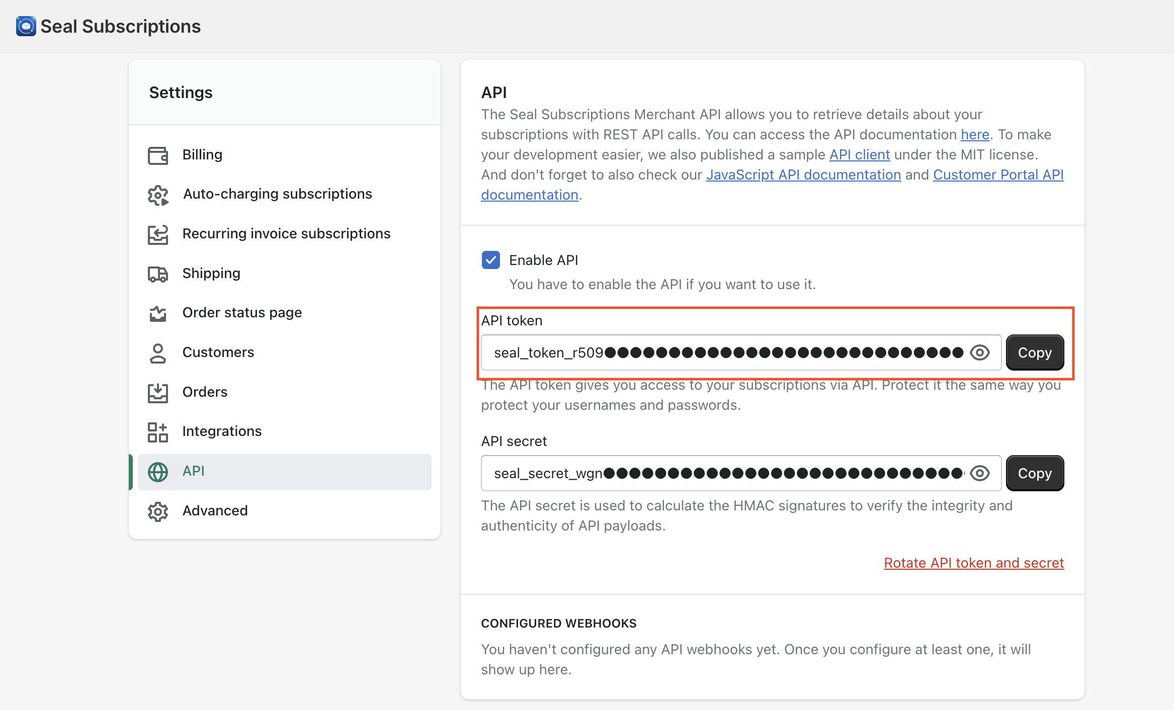 Seal Subscriptions Settings showing where to find the API token