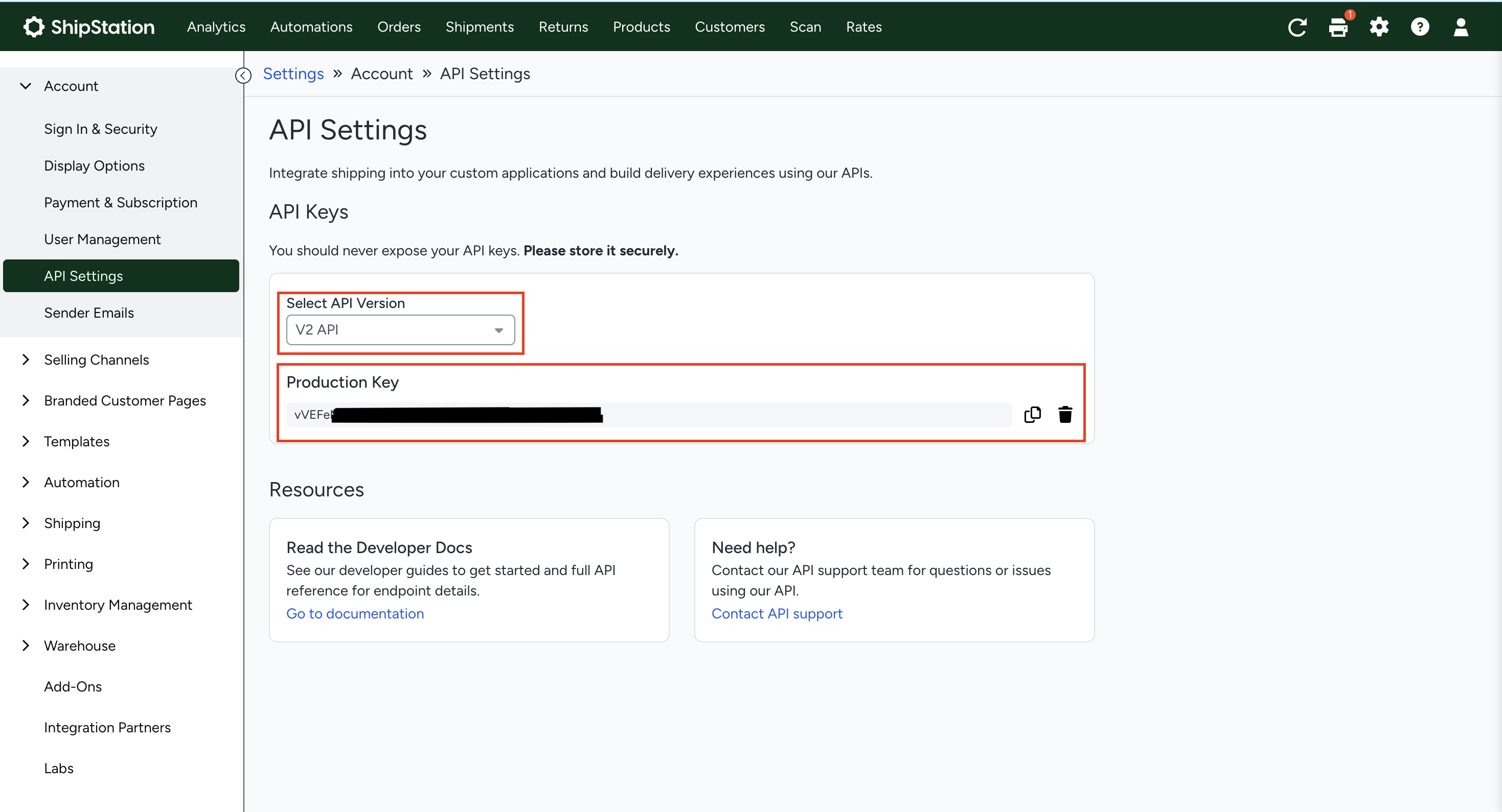 ShipStation API Settings showing where to find the V2 API key