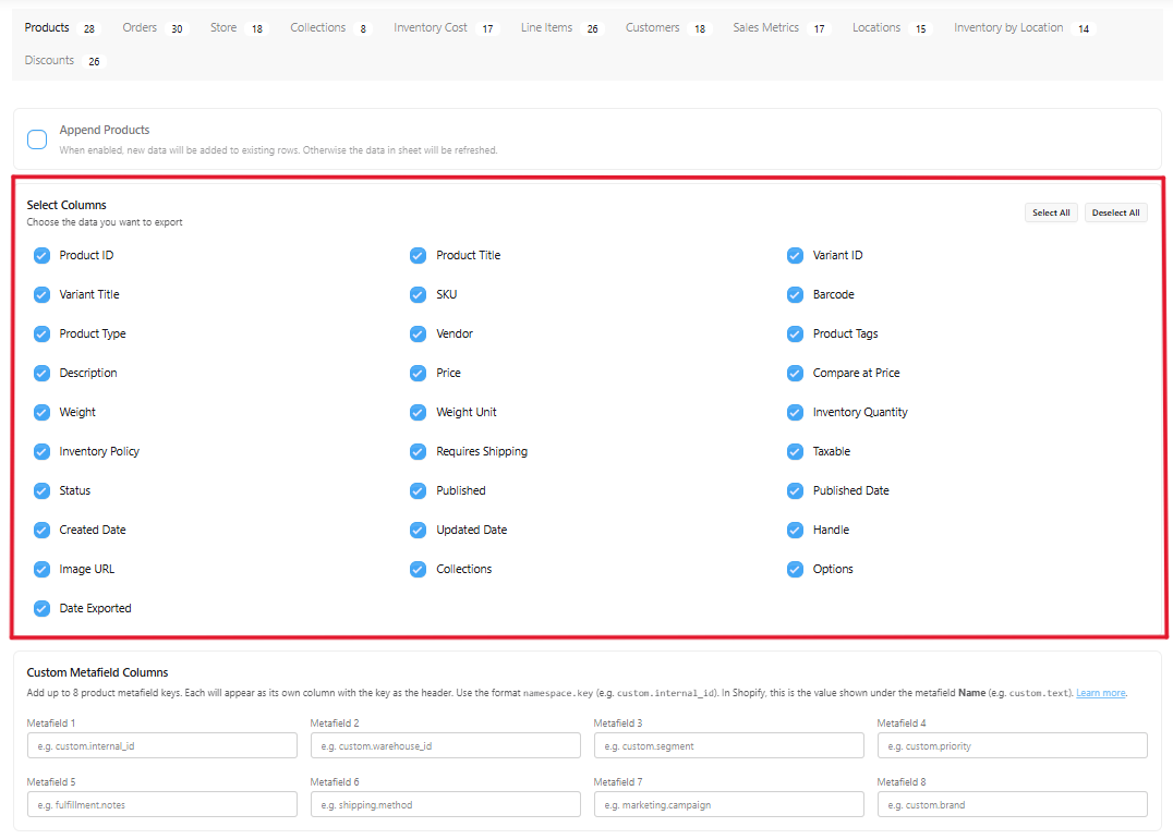 Shopify Column Selection