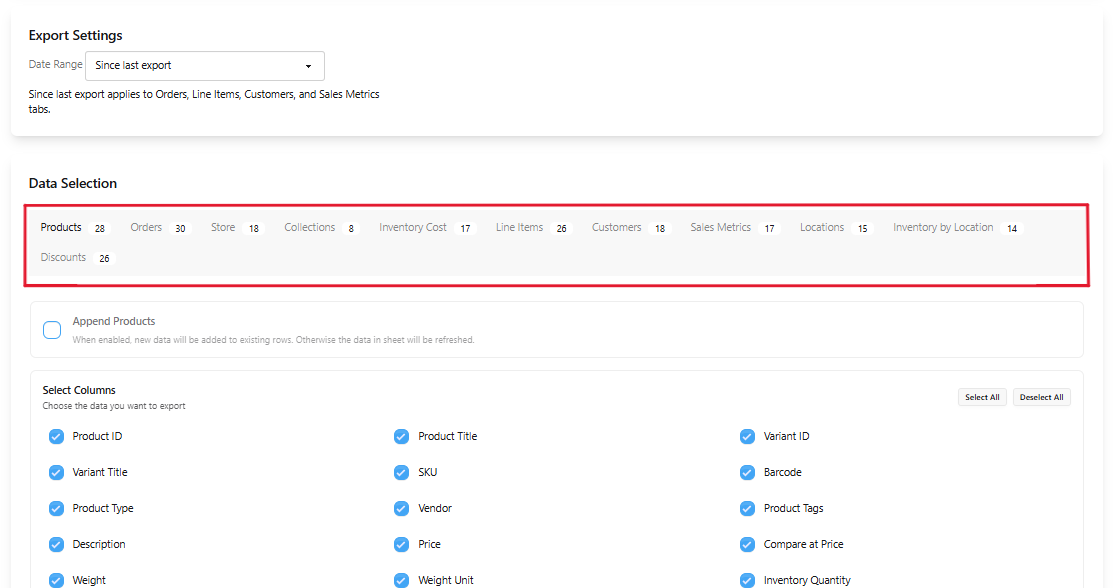 Shopify Data Tabs