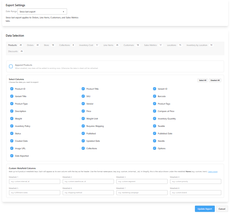Shopify Export Configuration