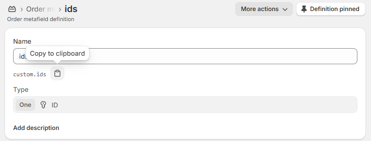 Where to find the order metafield name in the Shopify admin (Settings → Custom data → Orders or order detail metafields)