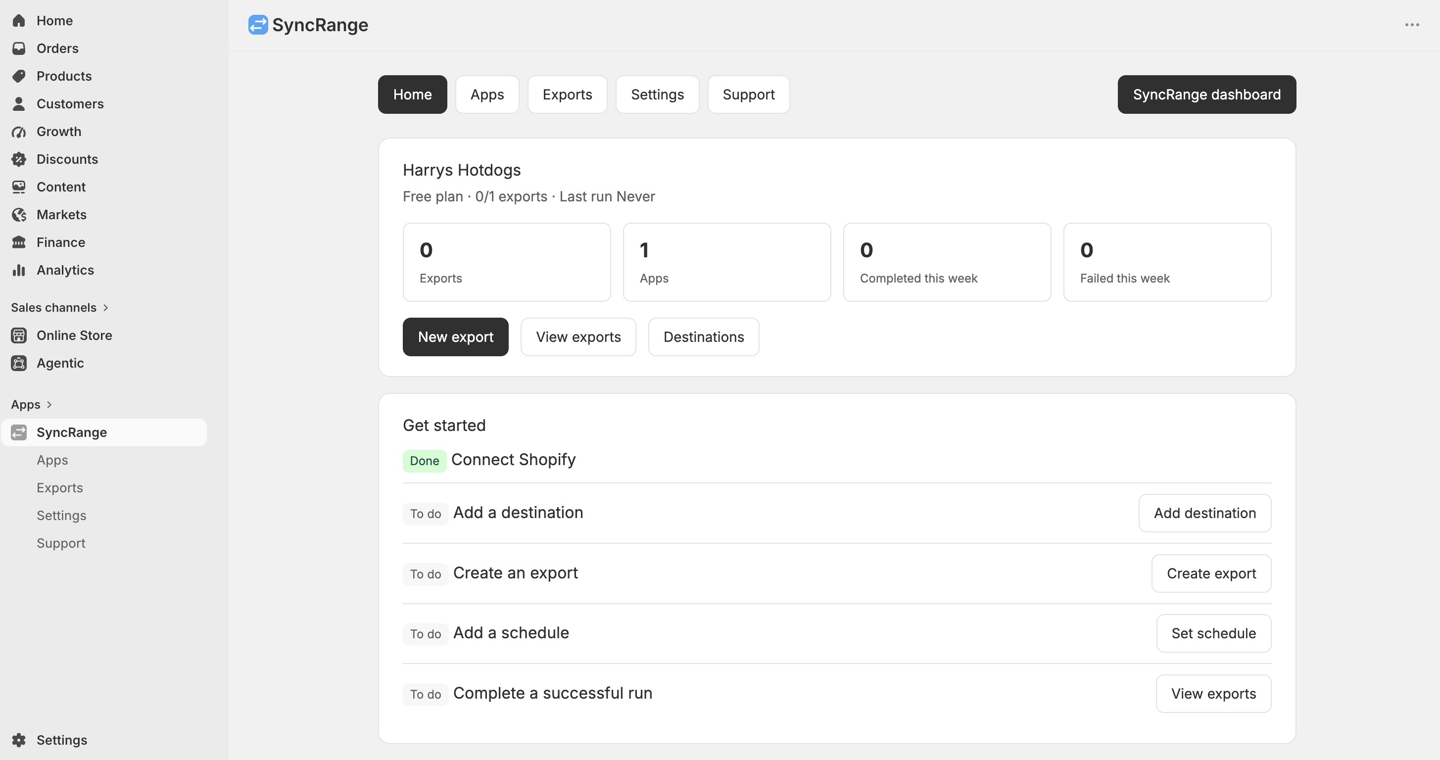 SyncRange home screen inside Shopify admin
