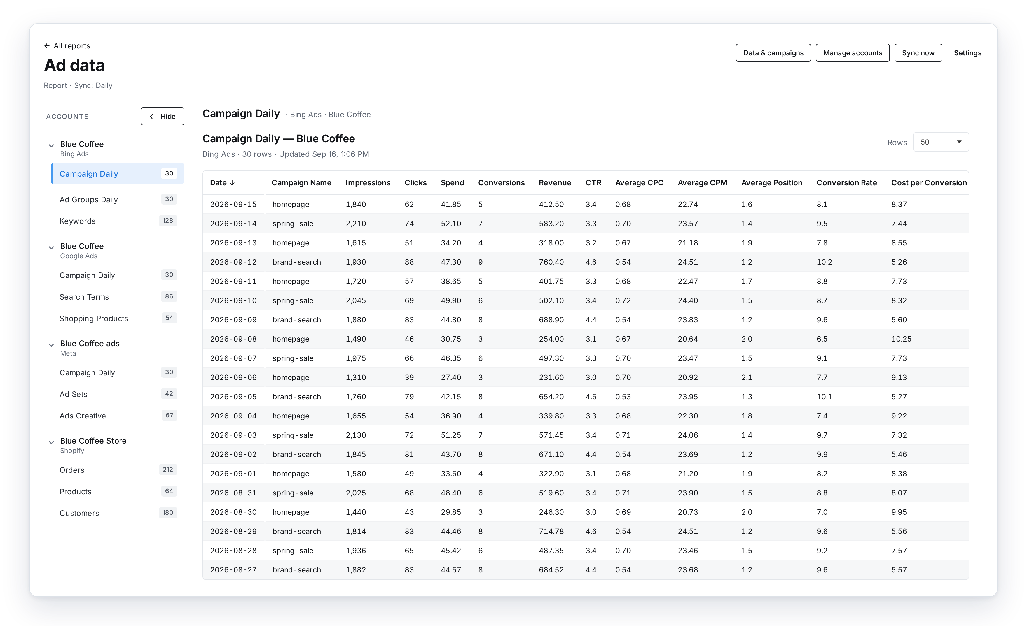 SyncRange Managed Reports showing synced account tables in the app